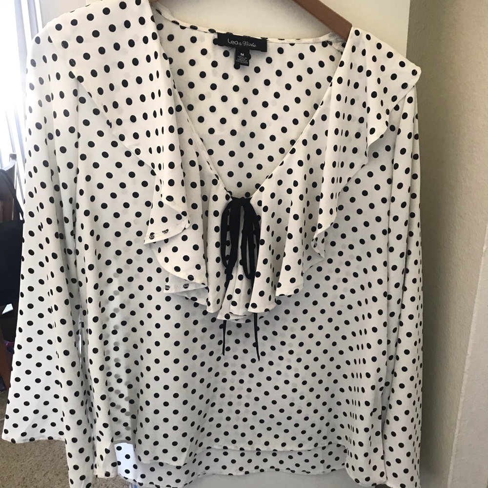 Anthropologie white blouse with black polka dots